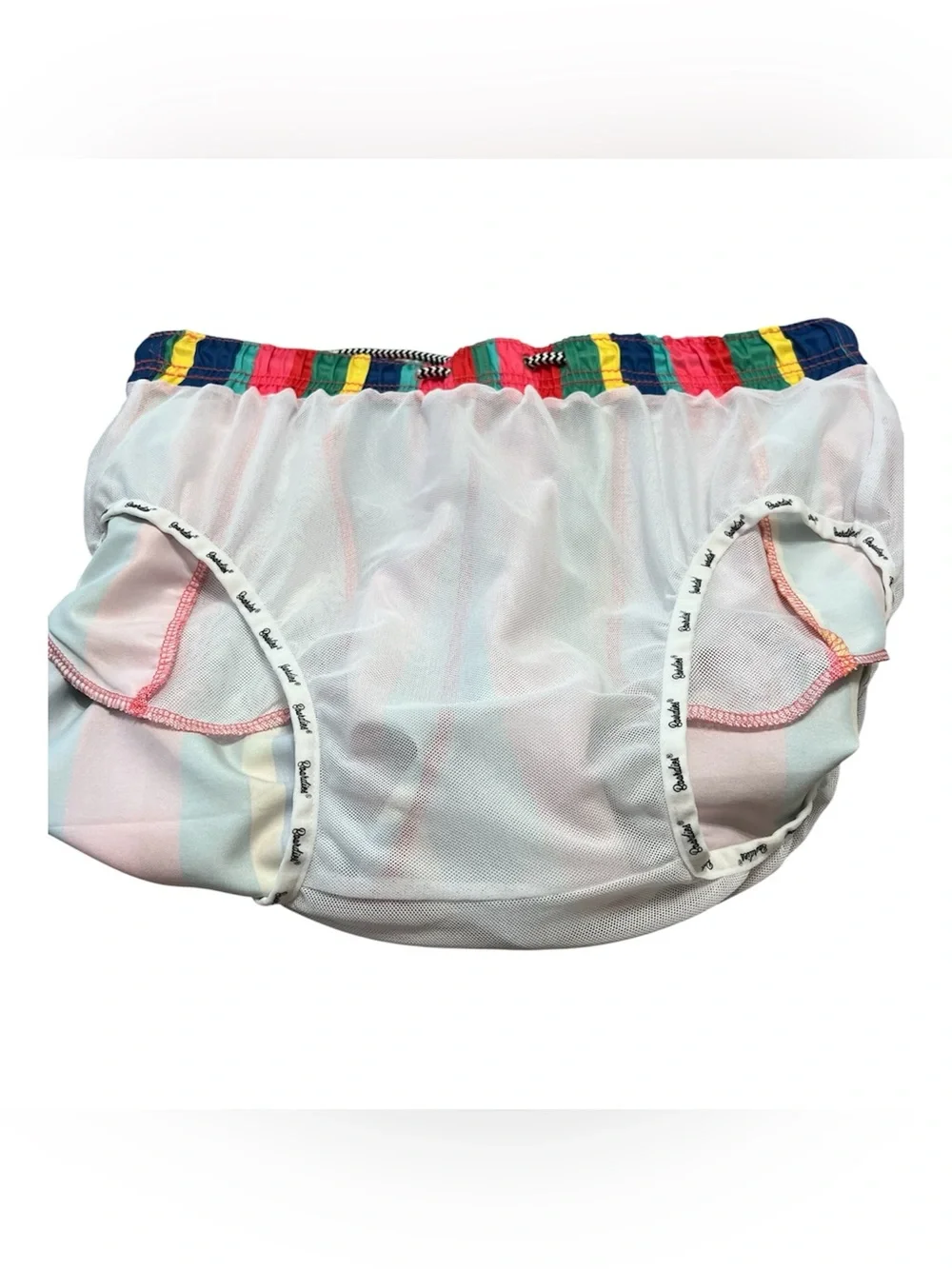 BOARDIES men’s CAKE STRIPE mid length swim shorts drawstring sz XL EUC colorful